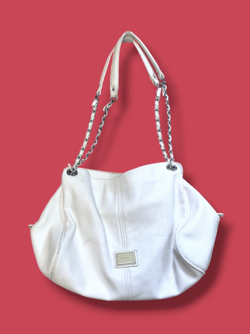 Nine West Cream Leather Shoulder Tote with Chain-Strap Handles